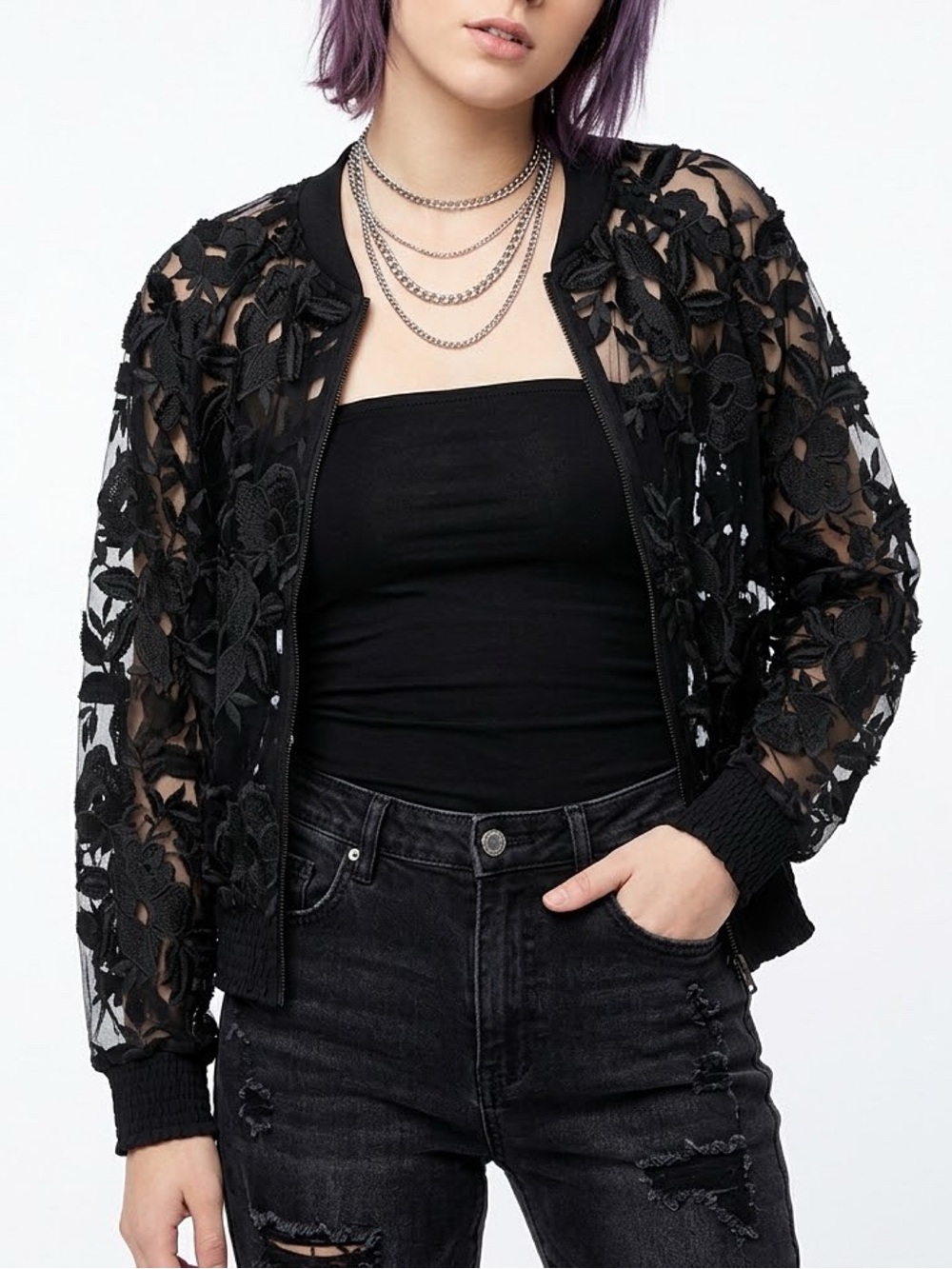 Elie Tahari Sheer Black Embroidered Lace Bomber Jacket - Women's Size Small